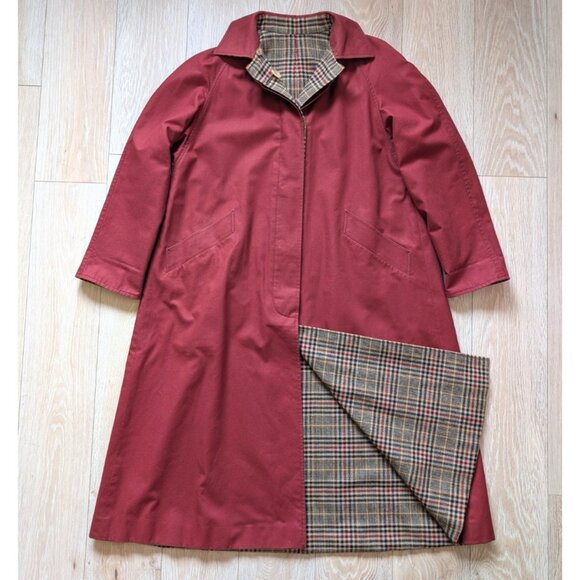 Aquascutum London VTG 70s Women's Reversible Cotton Wool Houndstooth Trench Sz 8 - Picture 1 of 9